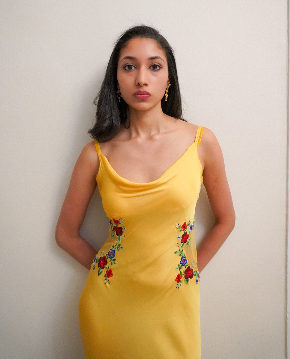 Embroidered Yellow Midi Dress