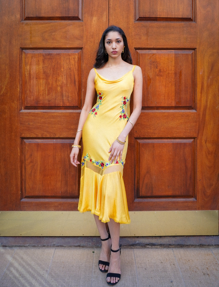 Embroidered Yellow Midi Dress