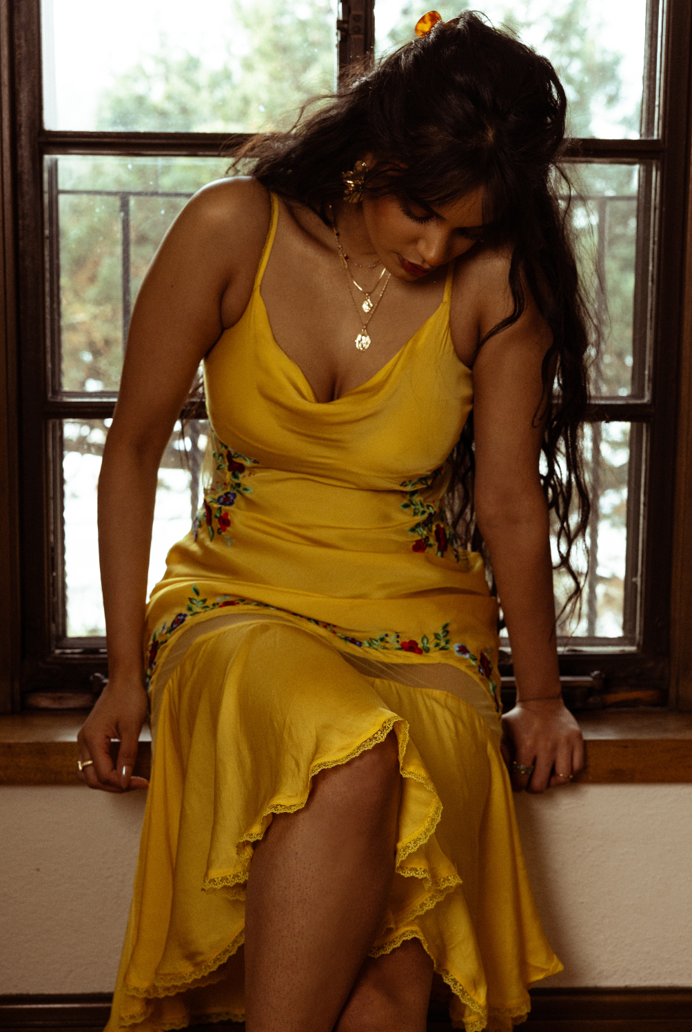 Embroidered Yellow Midi Dress