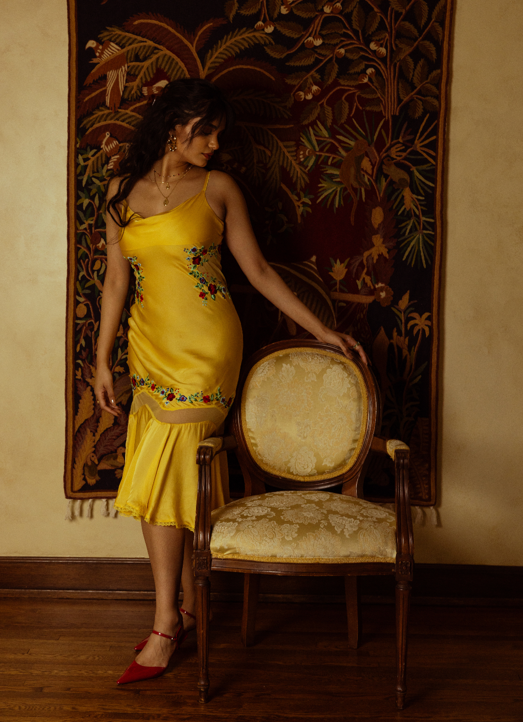 Embroidered Yellow Midi Dress